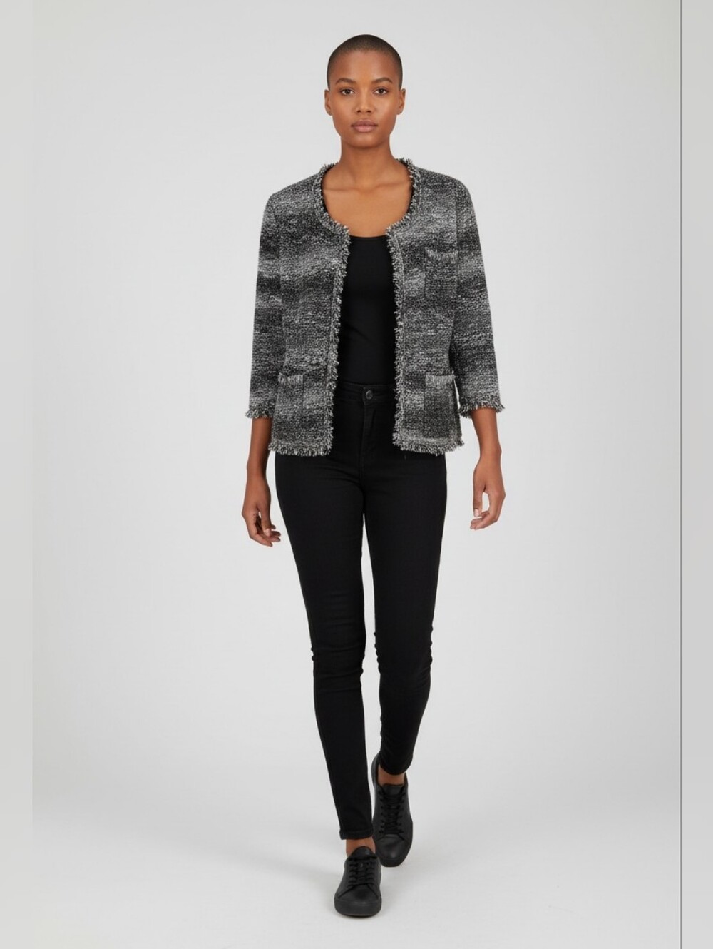 360 Sweater Black & Gray Bouclé Open-Front Fringe Accent Long Sleeve Shacket Med